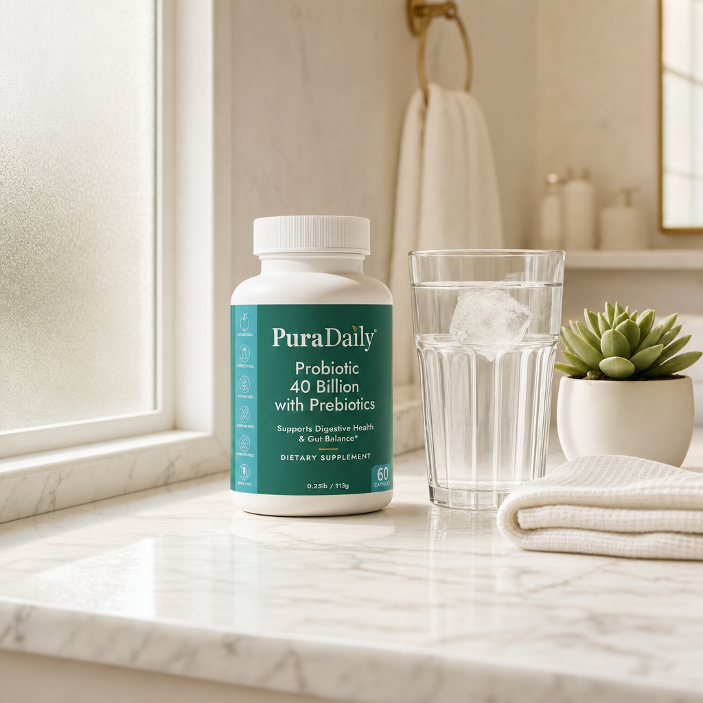 PuraDaily Probiotic 40 Billion with Prebiotics supplement bottle on a marble countertop with a glass of water and a plant.