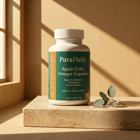 PuraDaily Apple Cider Vinegar supplement bottle on a wooden surface with sunlight casting shadows.