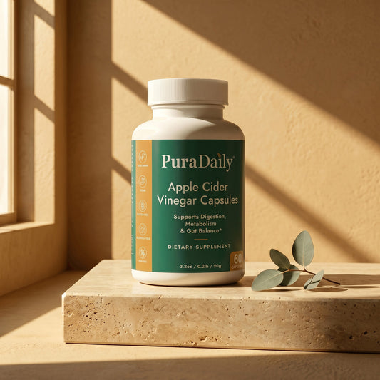 PuraDaily Apple Cider Vinegar Capsules on a travertine ledge in warm window light beside a eucalyptus sprig