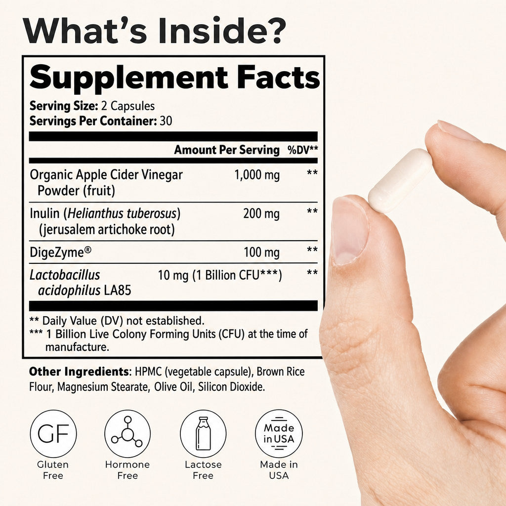 PuraDaily Apple Cider Vinegar supplement facts: 1,000mg organic ACV, inulin, DigeZyme, 30 servings