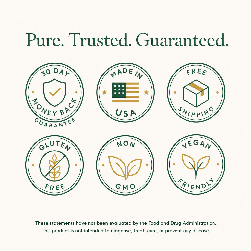 PuraDaily trust badges: 30 day money back guarantee, made in USA, free shipping, non GMO, vegan