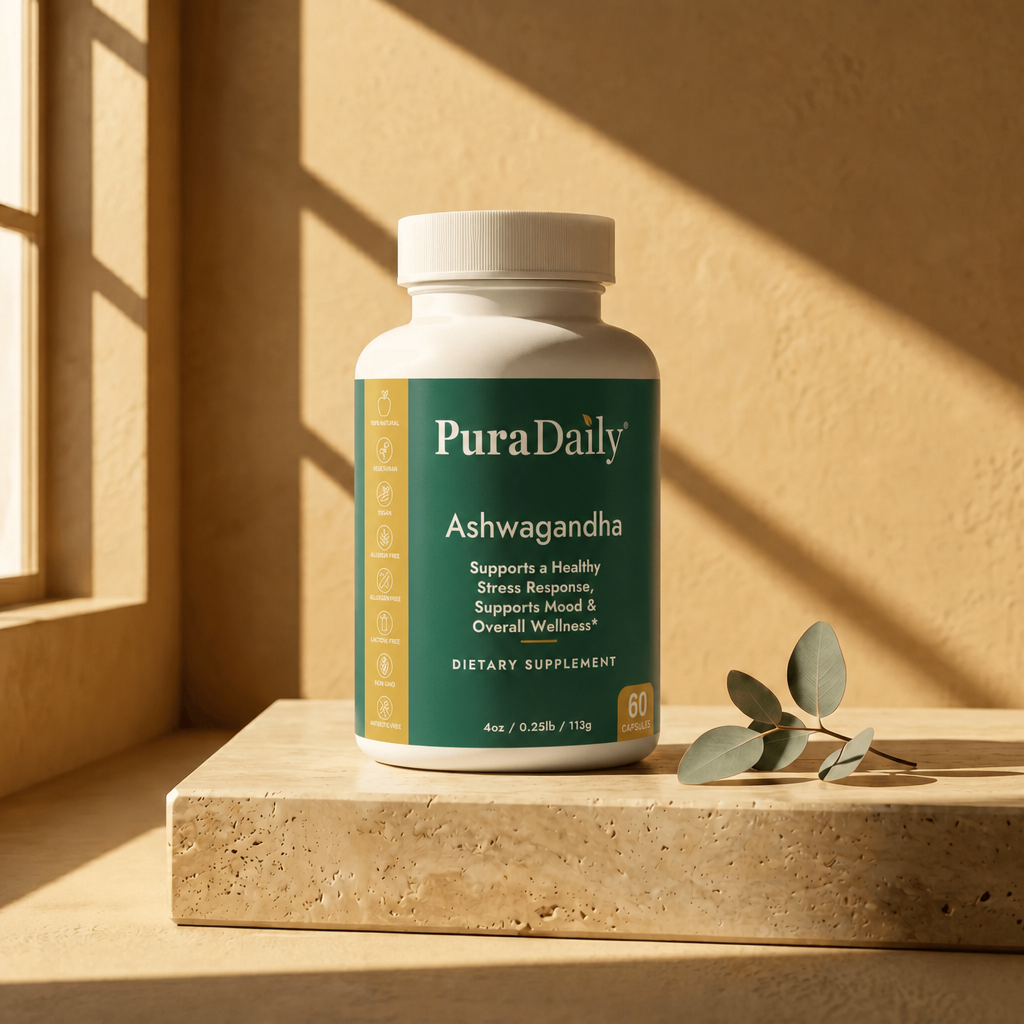 PuraDaily Ashwagandha supplement bottle on a wooden surface with a warm background