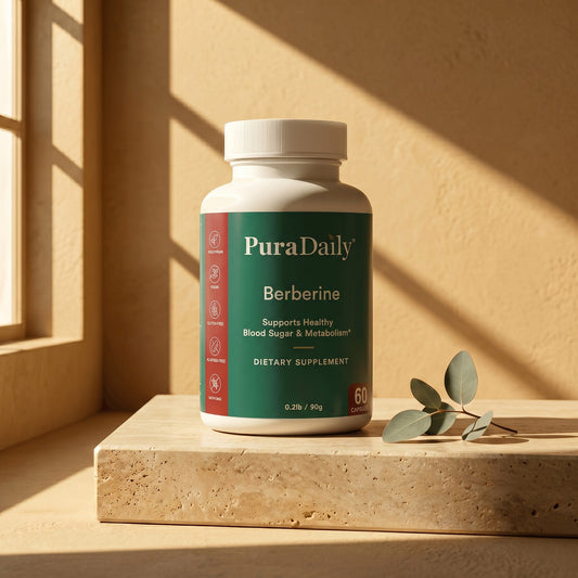 PuraDaily Berberine bottle on a travertine ledge in warm window light beside a eucalyptus sprig