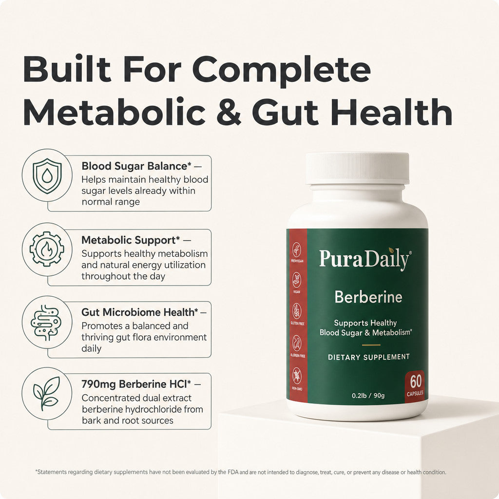 PuraDaily Berberine bottle with 790mg berberine HCl dual extract from bark and root sources