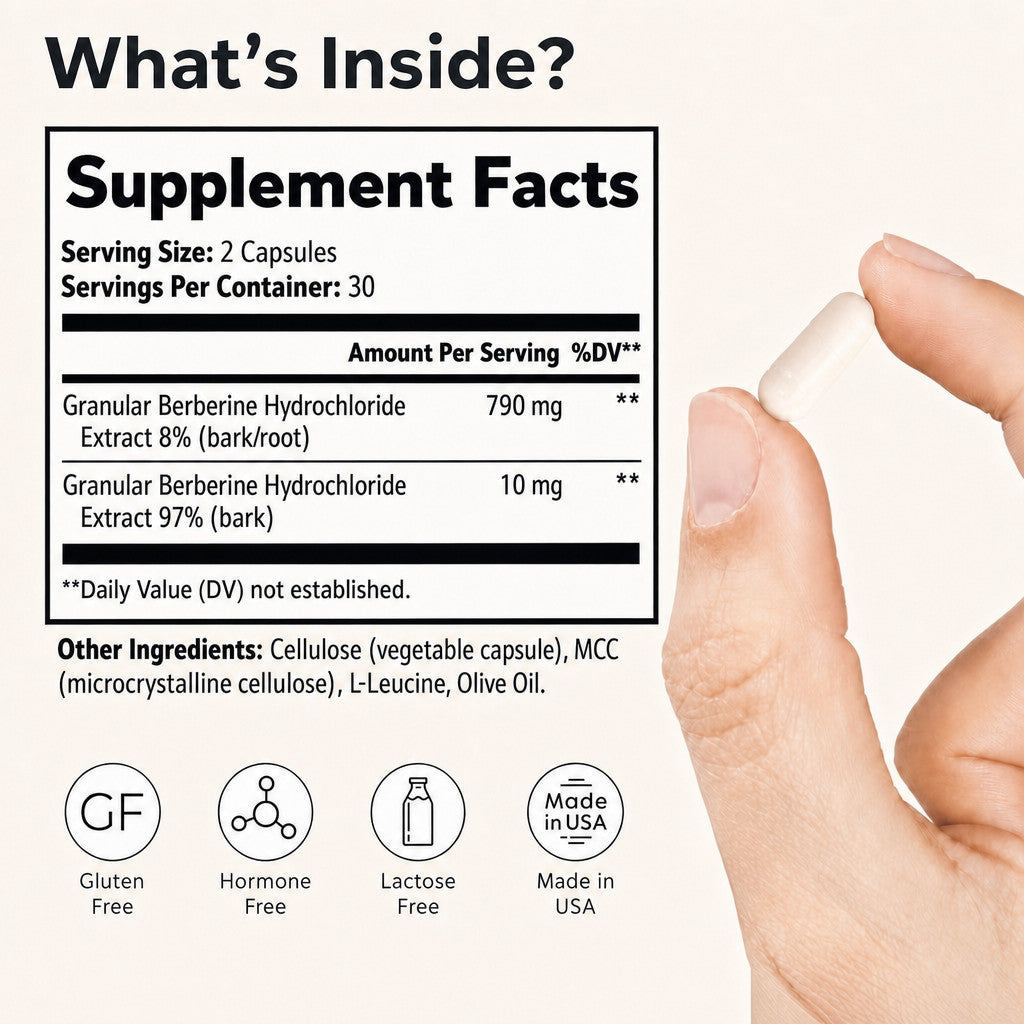 PuraDaily Berberine supplement facts: 790mg granular berberine hydrochloride, 2 capsules, 30 servings