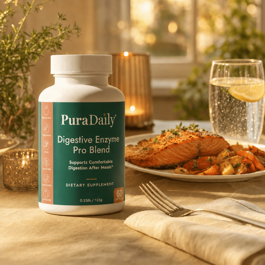 PuraDaily Digestive Enzyme Pro Blend supplement bottle on a table with a meal in the background