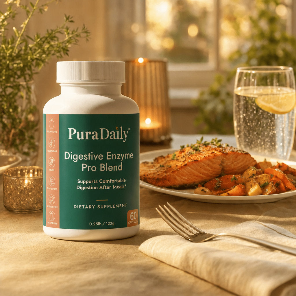 PuraDaily Digestive Enzyme Pro Blend on a candlelit dinner table beside a salmon plate and sparkling water