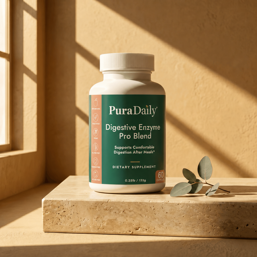 PuraDaily Digestive Enzyme Pro Blend supplement bottle on a wooden surface with sunlight casting shadows.