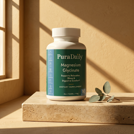 PuraDaily Magnesium Glycinate supplement bottle on a wooden surface with a warm background