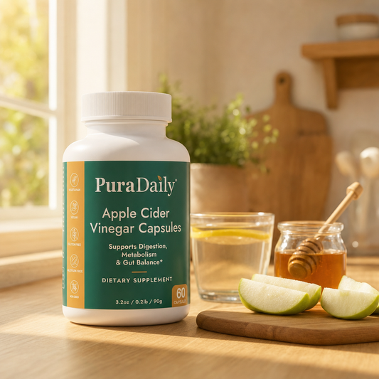 PuraDaily Apple Cider Vinegar supplement bottle on a wooden surface with apples and honey in the background.