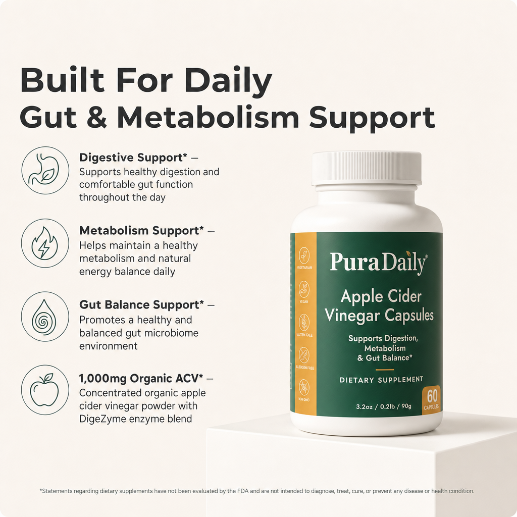 PuraDaily Apple Cider Vinegar Capsules bottle with support features on a white background