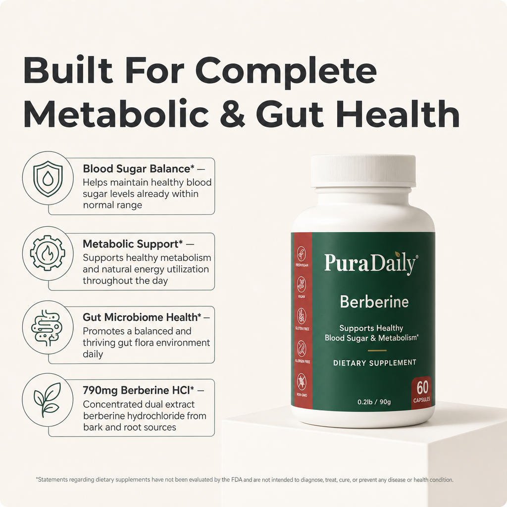 PuraDaily Berberine supplement bottle with health benefits listed on a white background