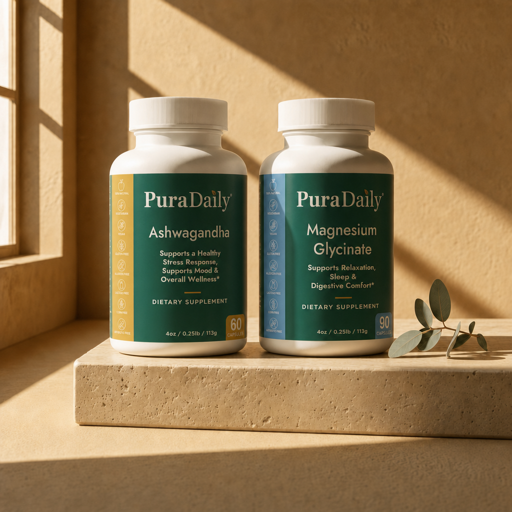 PuraDaily Stress and Sleep Stack bundle Ashwagandha and Magnesium Glycinate stress relief and sleep support supplement bundle