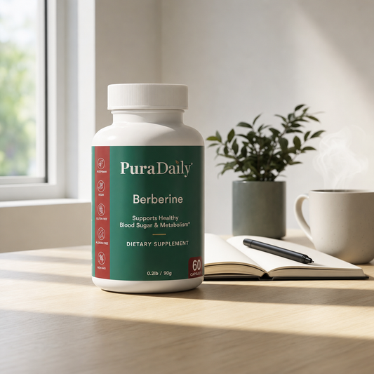 PuraDaily Berberine supplement bottle on a table with a notebook and cup in the background
