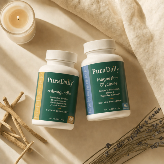 PuraDaily Ashwagandha and Magnesium Glycinate supplement bottles