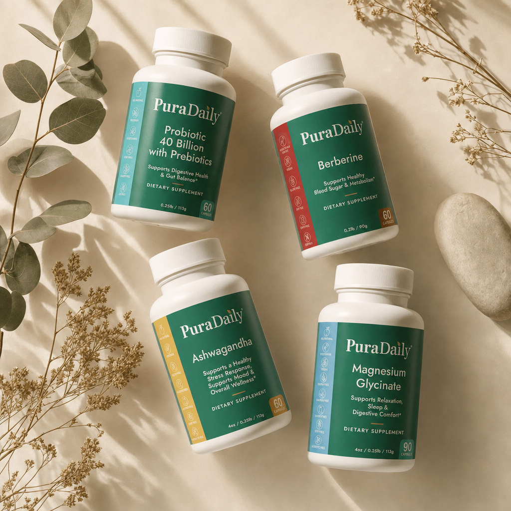 PuraDaily Probiotic 40 Billion with Prebiotics, Berberine, Ashwagandha and Magnesium Glycinate supplement bottles