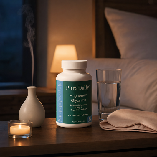 PuraDaily Magnesium Glycinate supplement bottle on a bedside table with a glass of water, candle, and vase.