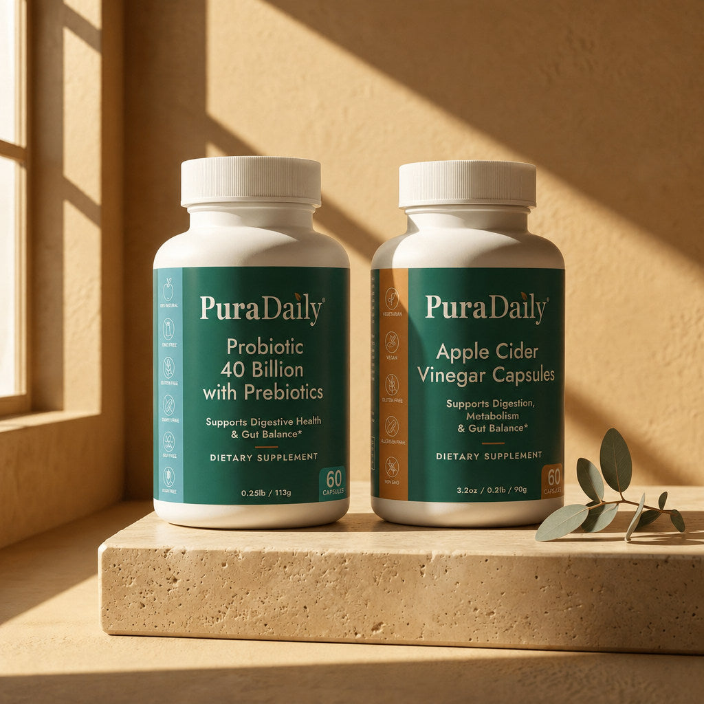PuraDaily Gut Reset Starter bundle: Probiotic 40 Billion and Apple Cider Vinegar Capsules on travertine