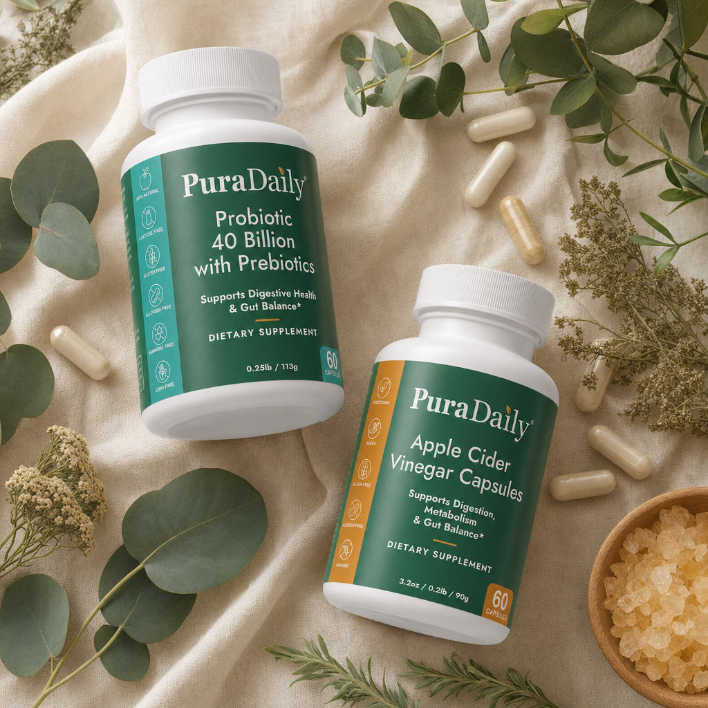 PuraDaily Gut Reset Starter flat lay with eucalyptus, loose capsules, and a bowl of rock sugar