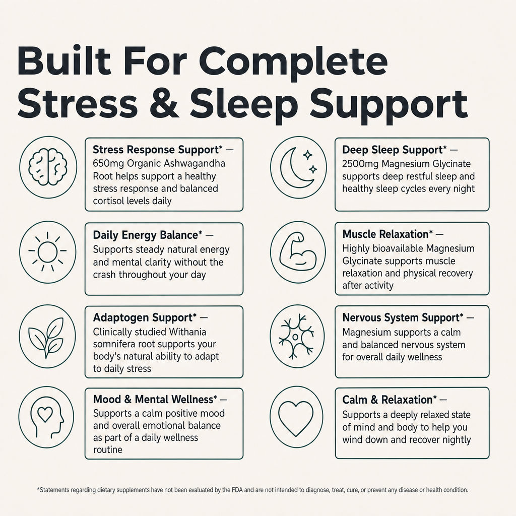 PuraDaily Stress and Sleep Stack benefits: stress response, deep sleep, muscle relaxation, calm energy
