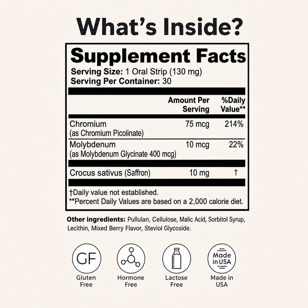 PuraDaily Appetite Balance and Weight Support Strips supplement facts: saffron, chromium, molybdenum, 30 strips