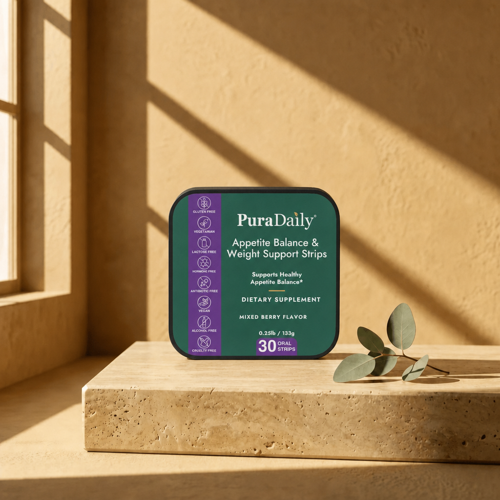 PuraDaily appetite balance and weight support strips packaging on a beige surface with sunlight casting shadows.