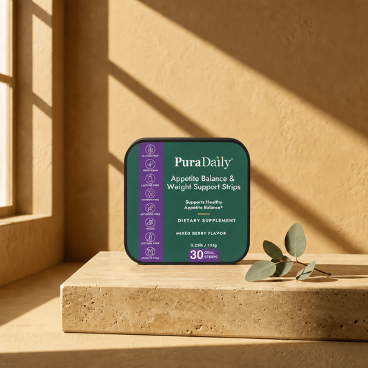 PuraDaily appetite balance and weight support strips packaging on a beige surface with sunlight casting shadows.