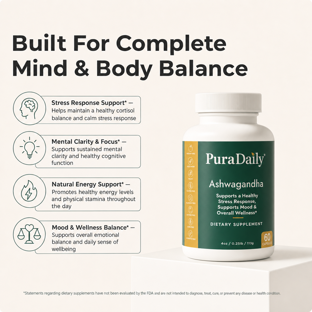 PuraDaily Ashwagandha supplement bottle with benefits listed on a light background