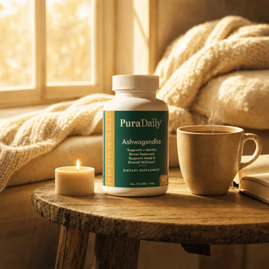 PuraDaily Ashwagandha supplement bottle on a wooden table with a cup of coffee, candle, and blanket in the background.