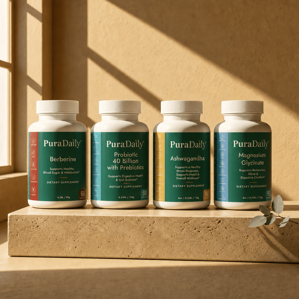 PuraDaily Complete Wellness System bundle Probiotic Berberine Ashwagandha and Magnesium Glycinate total wellness supplement bundle