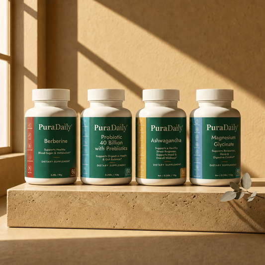 PuraDaily Complete Wellness System bundle Probiotic Berberine Ashwagandha and Magnesium Glycinate total wellness supplement bundle