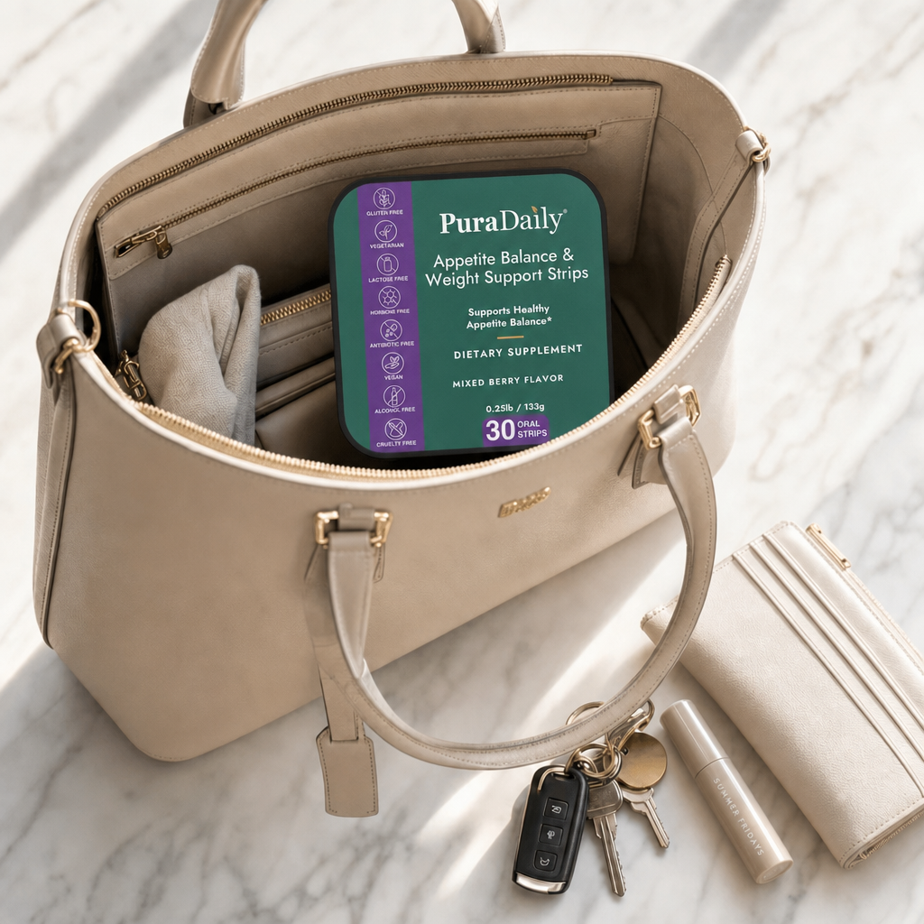 PuraDaily appetite balance and weight support strips in beige handbag