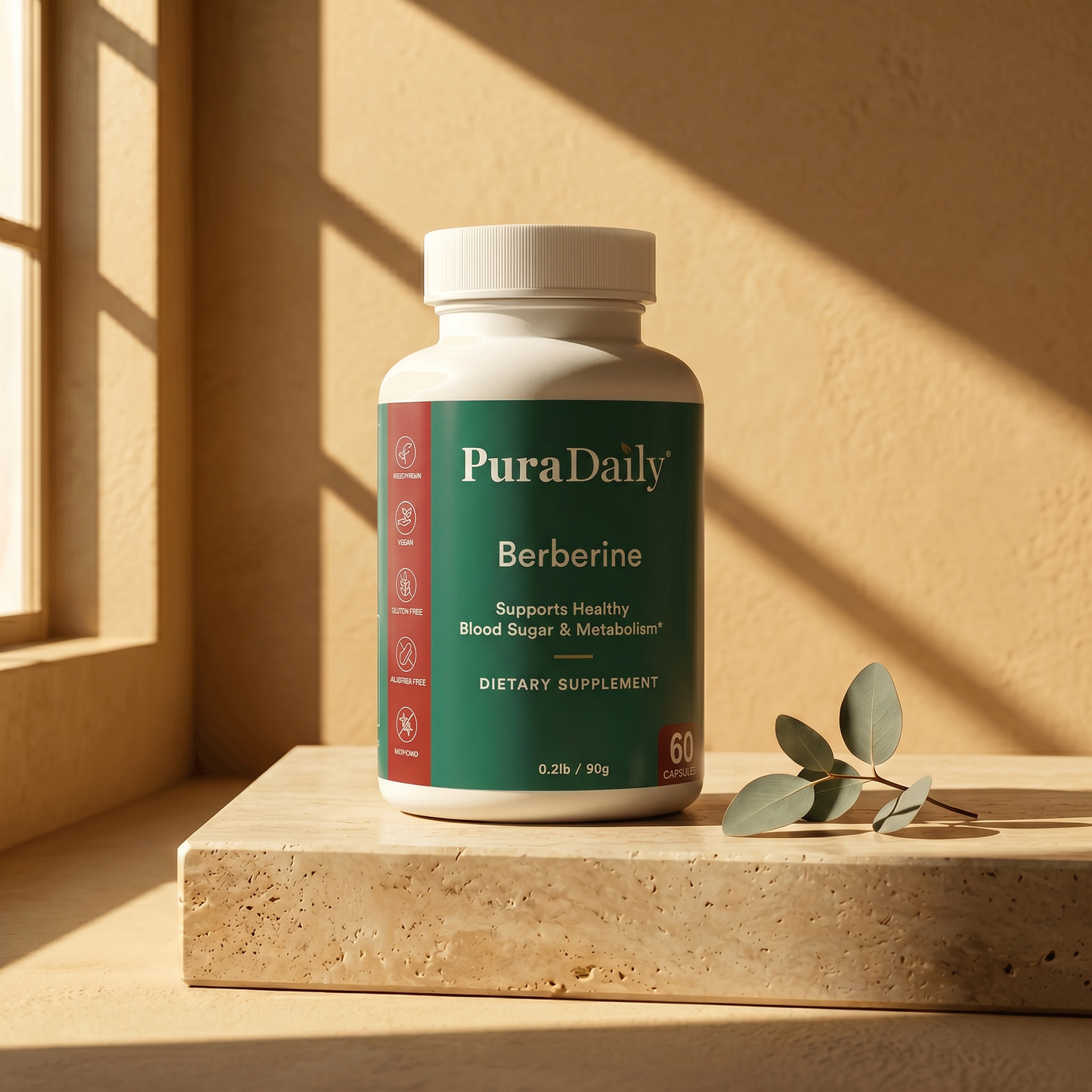 PuraDaily Berberine supplement bottle on a wooden surface with a warm background