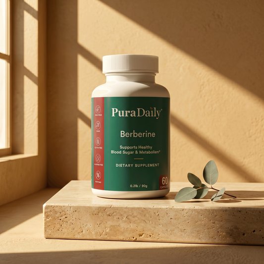 PuraDaily Berberine supplement bottle on a wooden surface with a warm background