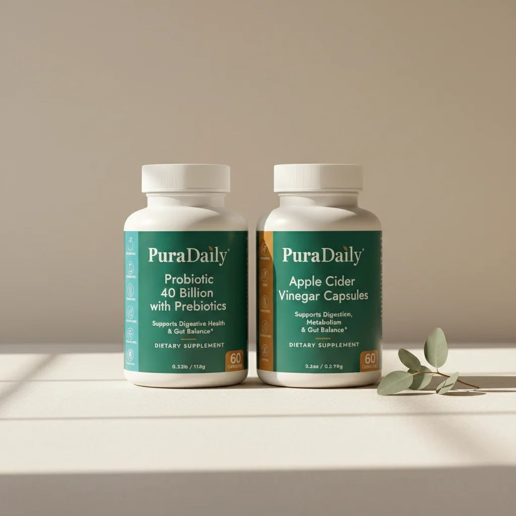 PuraDaily Probiotic 40 Billion and Apple Cider Vinegar Capsules supplement bottles